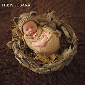 Newborn Baby Photo Props Accessories Bear Hat + Doll 2pcs Sets Infant Bebe Boy Girl Toy Bonnet Handmade