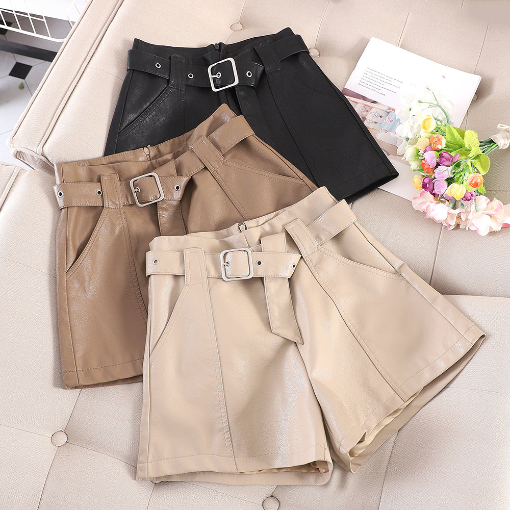 2019 autumn and winter leather shorts female new Korean version of high waist wide leg loose a word PU soft leather