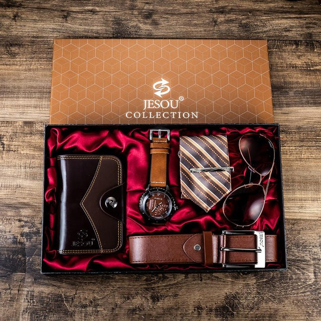 6pcs/set Men's gift set beautifully packaged watches+glasses belt wallet creative fashion Male Quartz Watch For Men Clock Hours