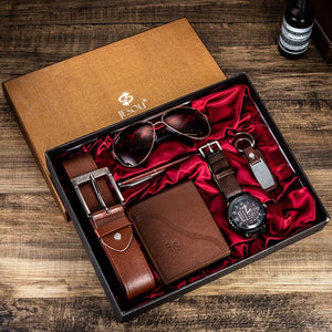 6pcs/set Men's gift set beautifully packaged watches+glasses belt wallet creative fashion Male Quartz Watch For Men Clock Hours