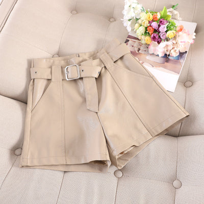 2019 autumn and winter leather shorts female new Korean version of high waist wide leg loose a word PU soft leather