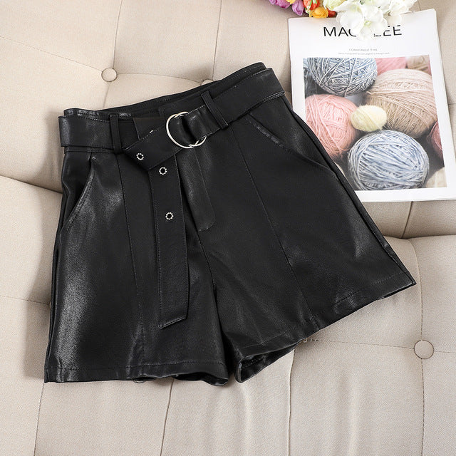 2019 autumn and winter leather shorts female new Korean version of high waist wide leg loose a word PU soft leather