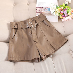 2019 autumn and winter leather shorts female new Korean version of high waist wide leg loose a word PU soft leather