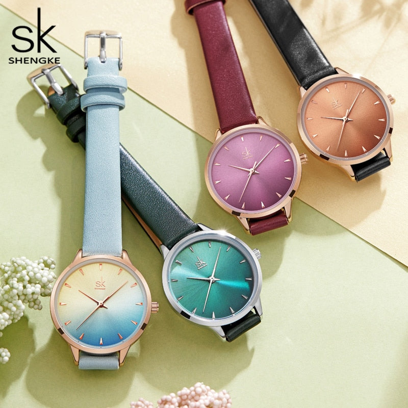 Shengke Women Watches Multi Color Lady Fashion Quartz Watch Simple PU Watchband Waterproof Wrist Watch Relogio Feminino