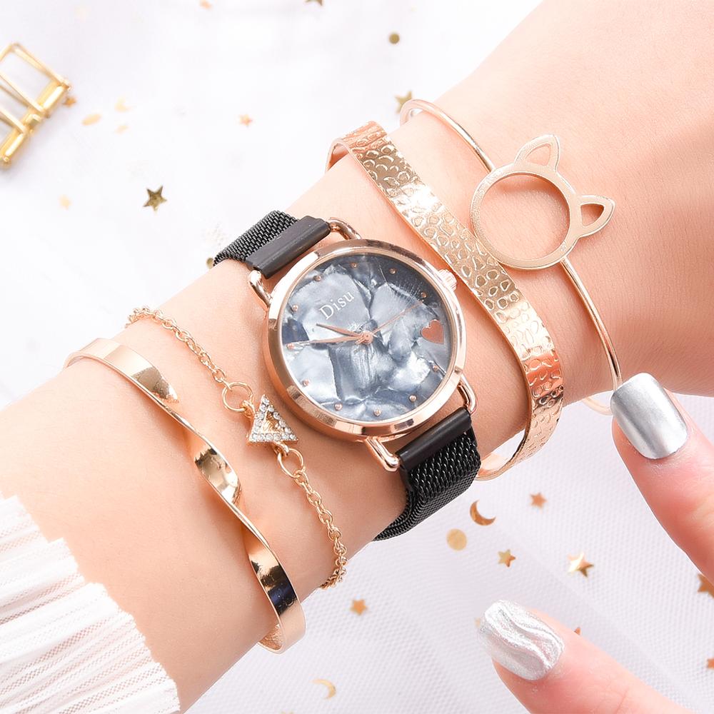 Top Brand 5pcs Set Watch Women Fashion Rose Gold Women Watches Bracelet Watch Ladies Dress Unique Design Magnet Wristwatch Clock