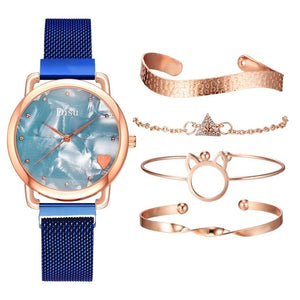 Top Brand 5pcs Set Watch Women Fashion Rose Gold Women Watches Bracelet Watch Ladies Dress Unique Design Magnet Wristwatch Clock