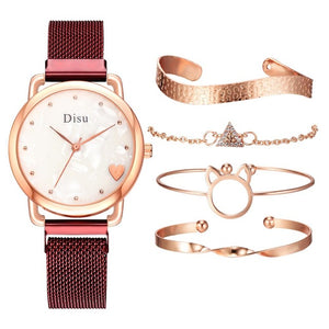 Top Brand 5pcs Set Watch Women Fashion Rose Gold Women Watches Bracelet Watch Ladies Dress Unique Design Magnet Wristwatch Clock