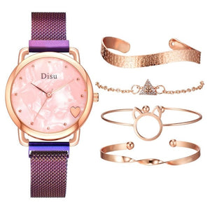 Top Brand 5pcs Set Watch Women Fashion Rose Gold Women Watches Bracelet Watch Ladies Dress Unique Design Magnet Wristwatch Clock