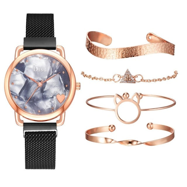 Top Brand 5pcs Set Watch Women Fashion Rose Gold Women Watches Bracelet Watch Ladies Dress Unique Design Magnet Wristwatch Clock