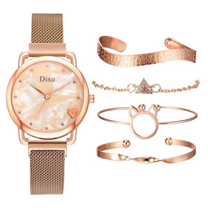 Top Brand 5pcs Set Watch Women Fashion Rose Gold Women Watches Bracelet Watch Ladies Dress Unique Design Magnet Wristwatch Clock