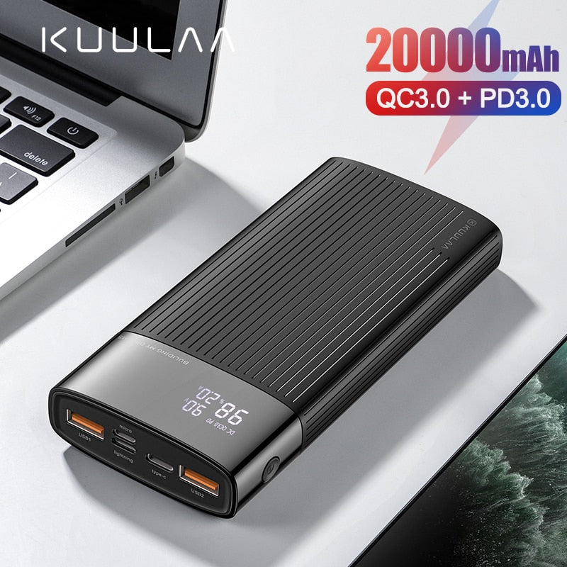 Kuulaa power bank 20000 mah usb tipo c pd carregamento rápido + carga rápida 3.0 powerbank 20000 mah bateria externa para xiaomi iphone