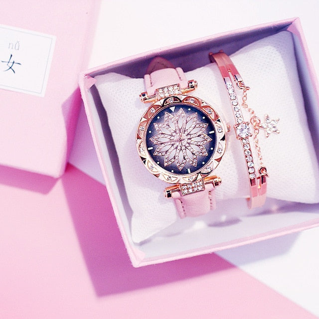 2019 reloj de pulsera para mujer, reloj de pulsera con cielo estrellado para mujer, reloj de pulsera informal de cuero de cuarzo, reloj femenino