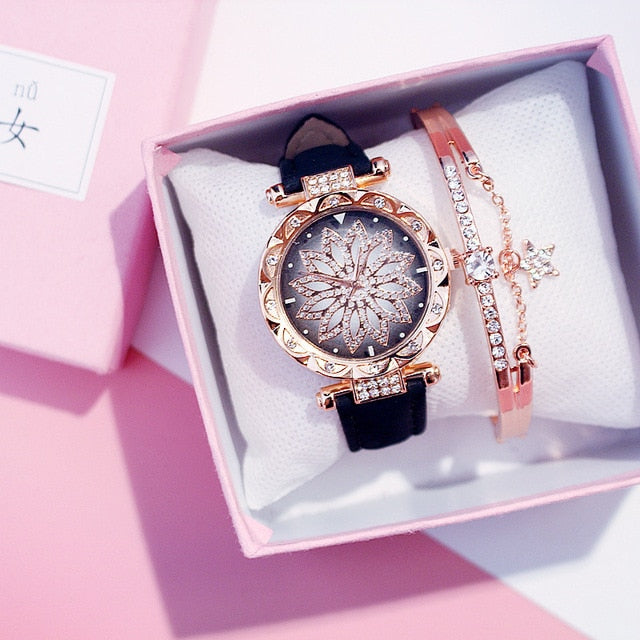 2019 reloj de pulsera para mujer, reloj de pulsera con cielo estrellado para mujer, reloj de pulsera informal de cuero de cuarzo, reloj femenino