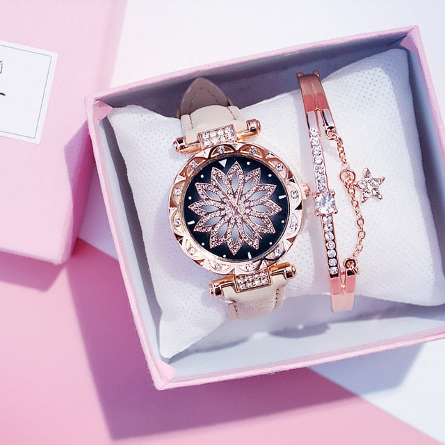 2019 reloj de pulsera para mujer, reloj de pulsera con cielo estrellado para mujer, reloj de pulsera informal de cuero de cuarzo, reloj femenino