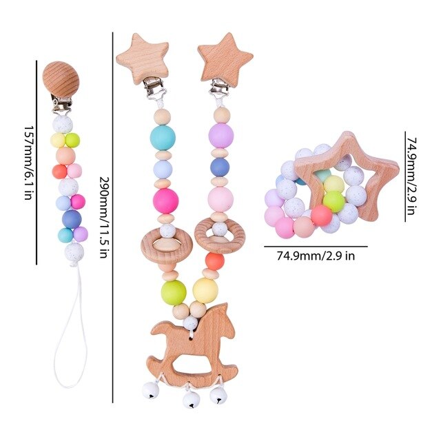 3pc/set Baby Rattles Crib Mobiles Wooden Pacifier Chain Holder For Nipples Kids Stroller Accessories Baby Crib Toys 2020 New Hot