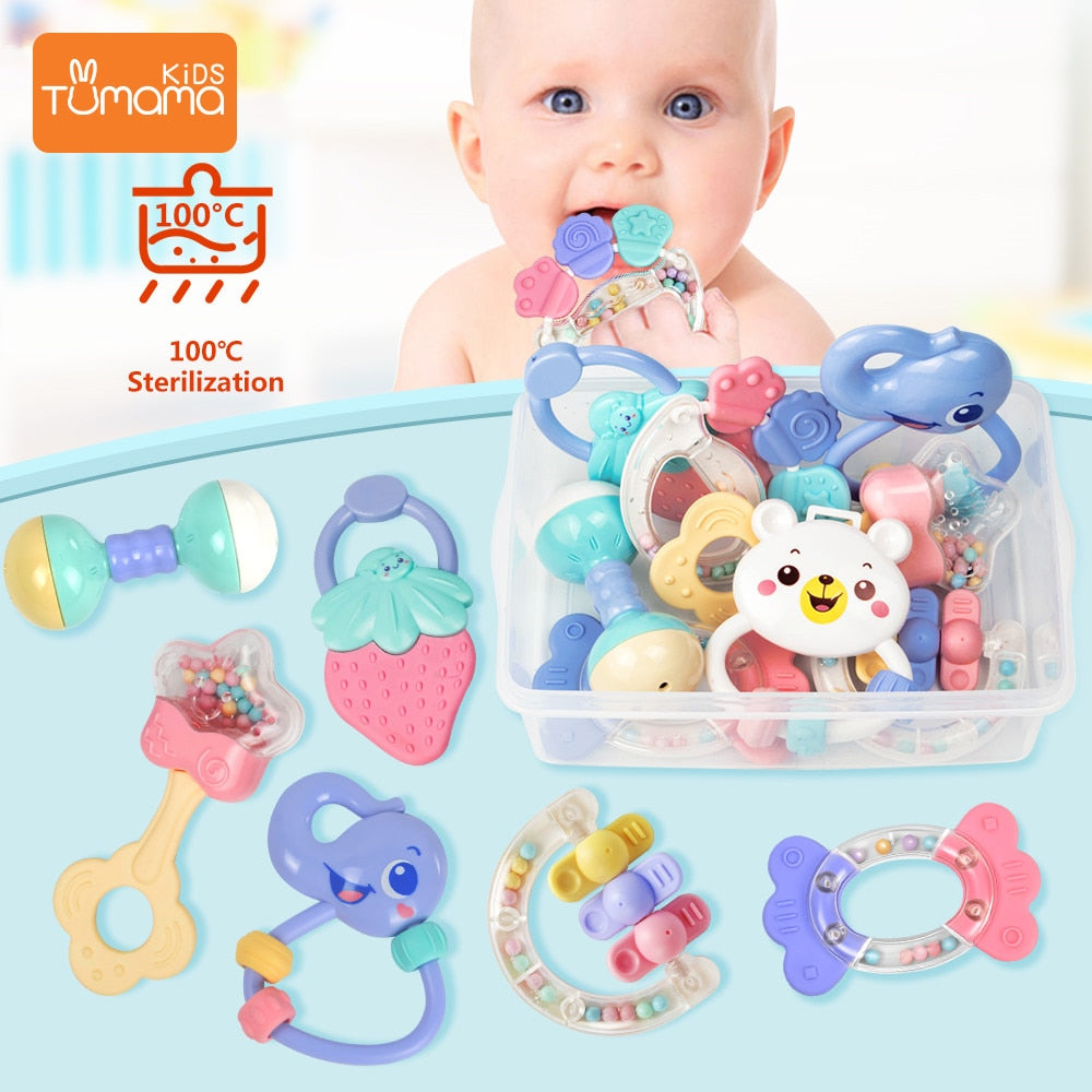 TUMAMA  8Pcs/Set Colorful Baby Rattle Set Montessori Toys Teething Crib Mobiles Baby Teether Rattles for Baby 0- 12 Months