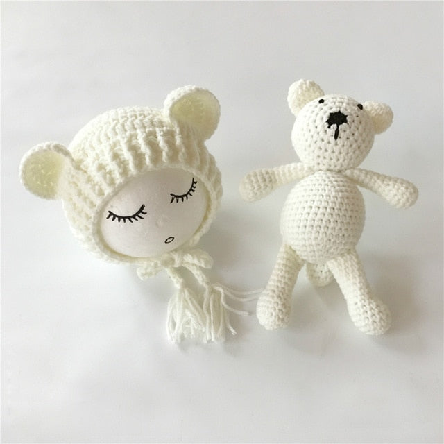 Newborn Baby Photo Props Accessories Bear Hat + Doll 2pcs Sets Infant Bebe Boy Girl Toy Bonnet Handmade