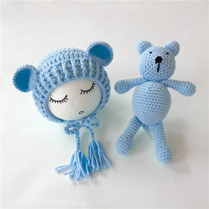 Newborn Baby Photo Props Accessories Bear Hat + Doll 2pcs Sets Infant Bebe Boy Girl Toy Bonnet Handmade