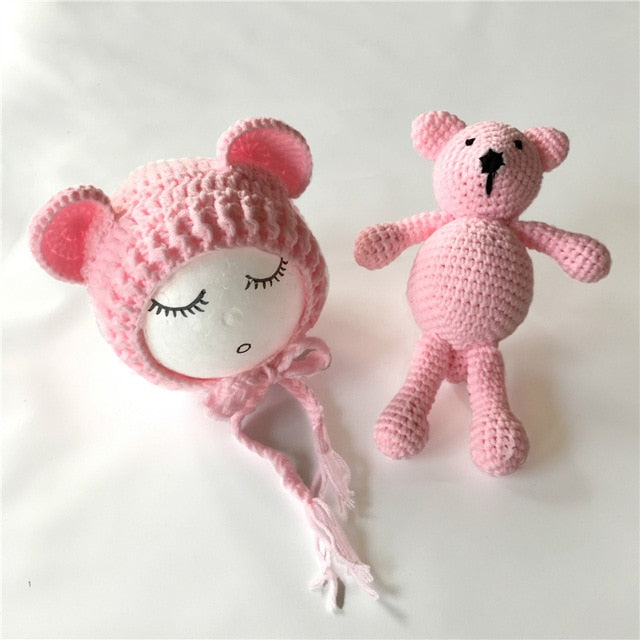 Newborn Baby Photo Props Accessories Bear Hat + Doll 2pcs Sets Infant Bebe Boy Girl Toy Bonnet Handmade