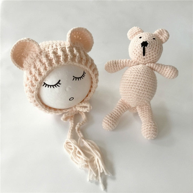 Newborn Baby Photo Props Accessories Bear Hat + Doll 2pcs Sets Infant Bebe Boy Girl Toy Bonnet Handmade