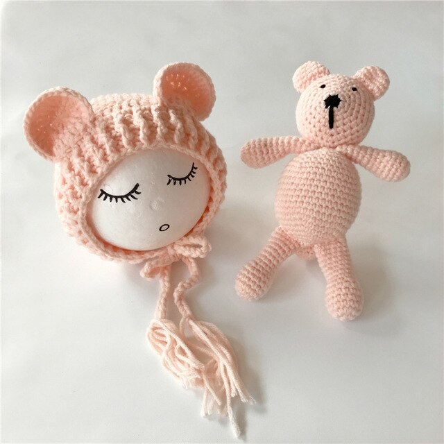 Newborn Baby Photo Props Accessories Bear Hat + Doll 2pcs Sets Infant Bebe Boy Girl Toy Bonnet Handmade